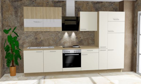 Einbauküche MANKAFLAIR 2 Magnolie / Eiche Sand Küchenzeile 320 cm mit E-Geräte