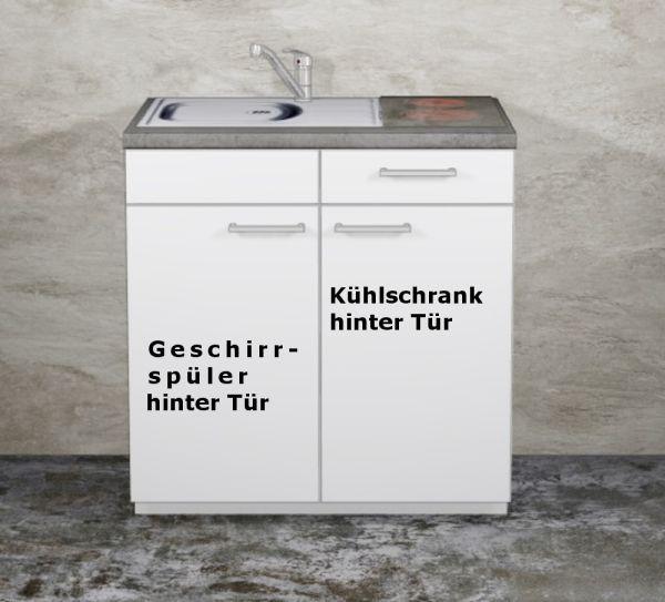Miniküche MANKAMINI 13 (Höhe XXL) Weiß, 120 cm mit Kochfeld, Kühlschrank, Geschirrspüler (Top!)