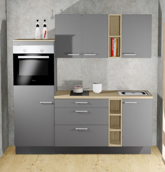 Einbauküche MANKAONYX 11 Onyxgrau - Schränke montiert/ Küchenzeile 205 cm mit E-Geräte u. Spüle