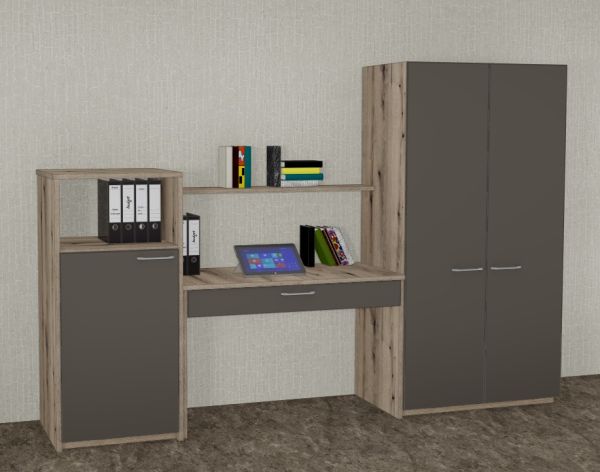 Büromöbel MANKAWORK 1.3B Quarzgrau-Eiche Schreibtisch+Schränke 290 cm Homeoffice Heimbüro