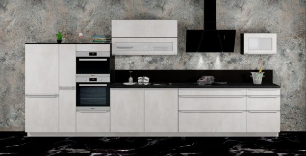 Einbauküche MANKAPRIMO 14 Weißbeton/Carbon schwarz - Schränke montiert/ Küchenzeile 450 cm mit E-Ger