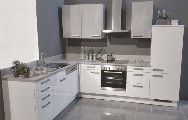 Einbauküche MANKAGLOSS 12 Weiß Hochglanz/ Beton - Schränke montiert/ Küchenzeile L-Form 305x245 cm m
