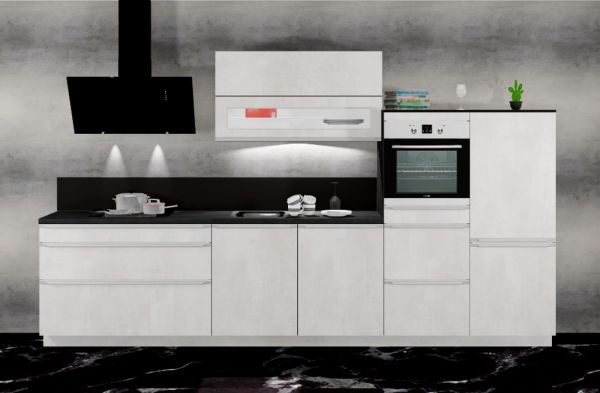 Einbauküche MANKAPRIMO 8 Weißbeton/Schwarz - Schränke montiert/ Küchenzeile 360 cm mit E-Geräte