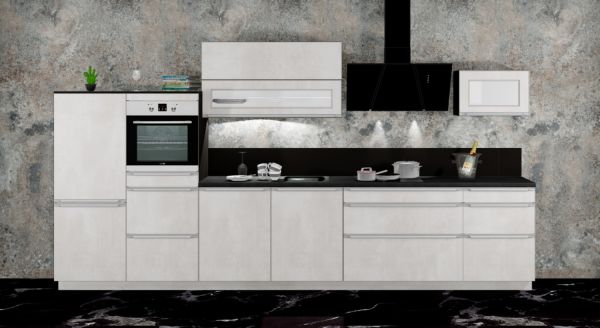 Einbauküche MANKAPRIMO 11 Weißbeton/Carbon schwarz - Schränke montiert/ Küchenzeile 400 cm mit E-Ger