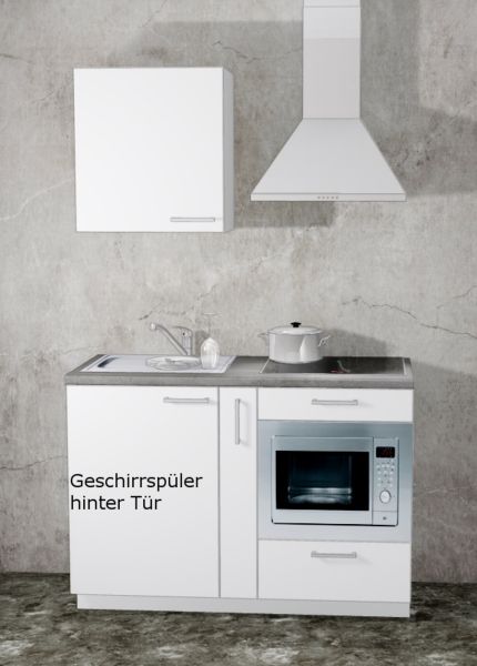 Miniküche MANKAMINI 129 (Höhe XXL) Weiß, 135 cm mit Mikrowelle/Kochfeld/Geschirrspüler/Dunstabzug