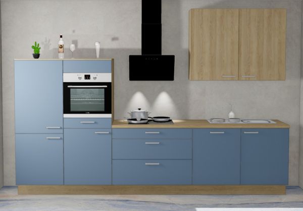 Einbauküche MANKATREND 73 in Blau / Eiche Küchenzeile 340 cm mit E-Geräte