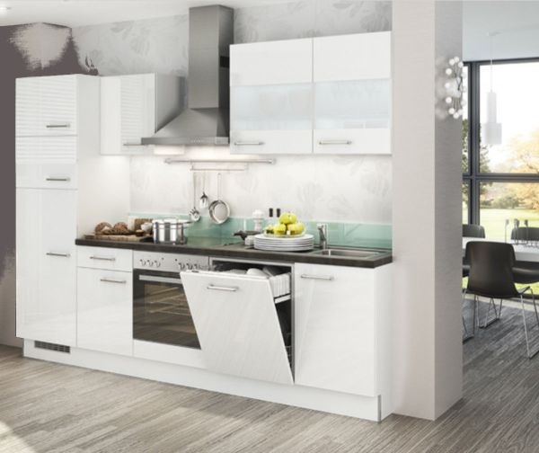 Einbauküche MANKAECO 6 Weiß Hochglanz - Schränke montiert/ Küchenzeile 280 cm mit E-Geräte