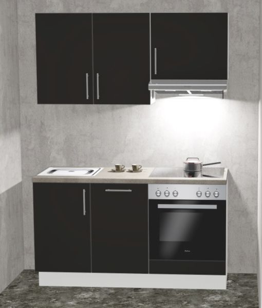 Einbauküche MANKAFUN S1.5 Schwarz - Schränke montiert/ Küchenzeile 150 cm mit E-Geräte u. Spü