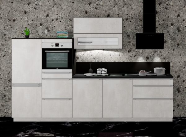 Einbauküche MANKAPRIMO 4 Weißbeton/Carbon schwarz - Schränke montiert/ Küchenzeile 310 cm mit E-Gerä