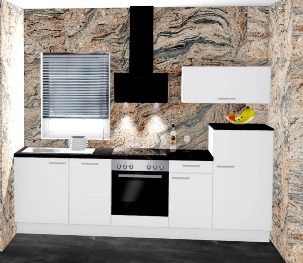 Einbauküche MANKAECO 57 Weiß Hochglanz - Schränke montiert/ Küchenzeile 275 cm / mit E-Geräte